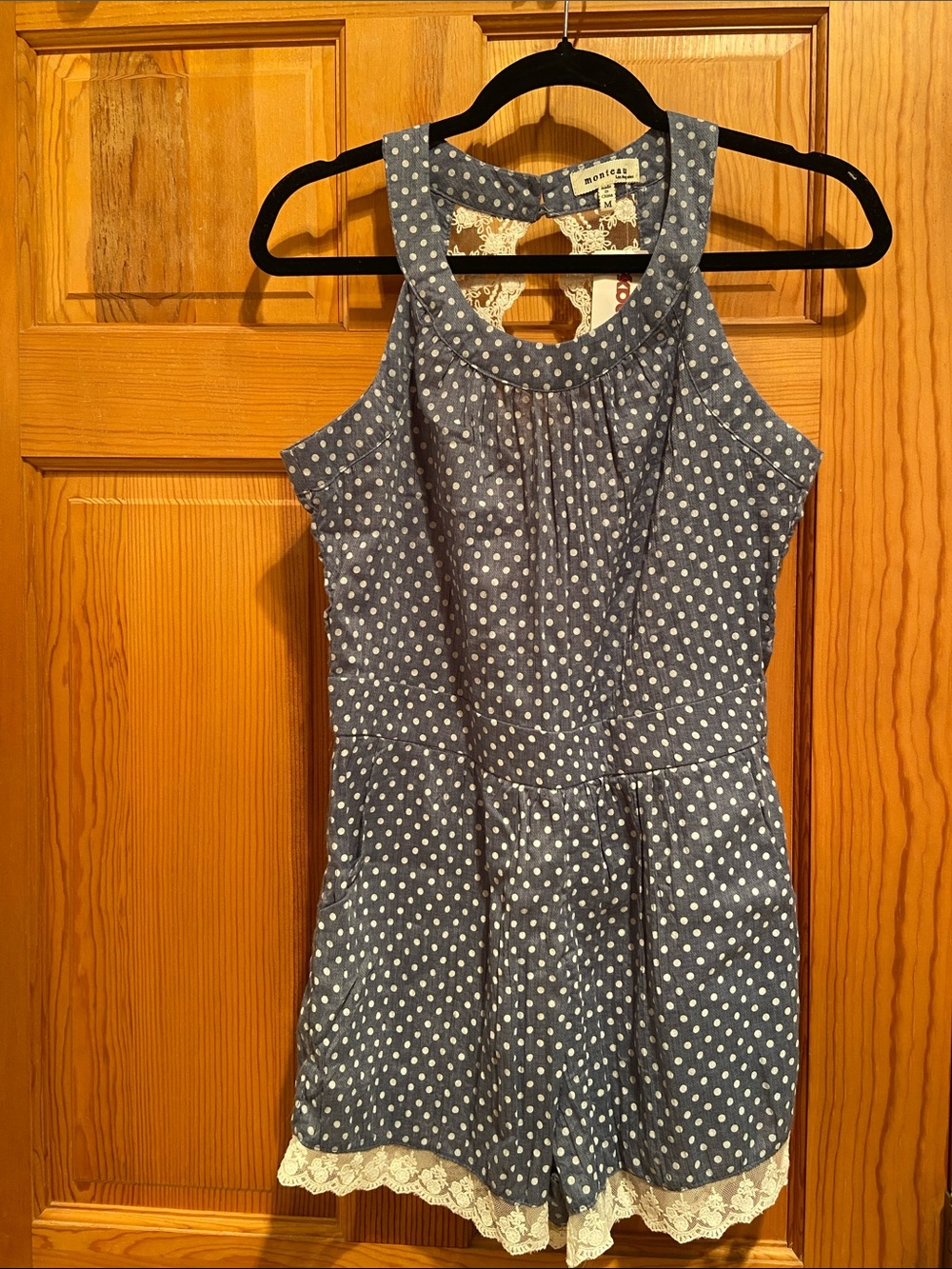 Monteau Blue Polka Dot Lace-Trim Sleeveless Romper